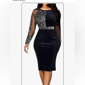 Black Sequin Pencil Dress | Mesh Sleeves | Size L | Worn Once